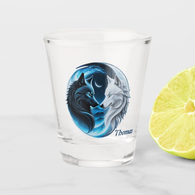 Vaso De Chupito Dos majestuosas cabezas de lobo (Anverso)