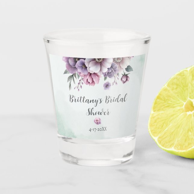 Vaso De Chupito Ducha Nupcial Lila y Floral Verde  (Anverso)