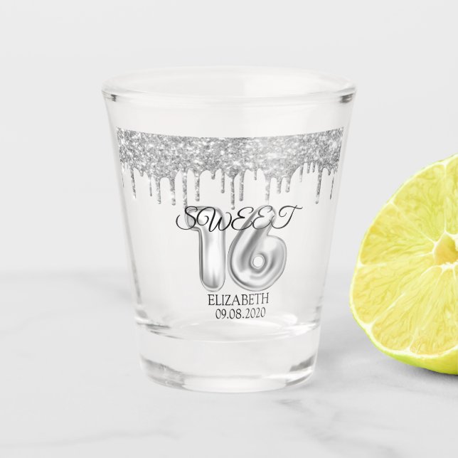 Vaso De Chupito Dulce plateado 16 Purpurinas de goteo (Anverso)