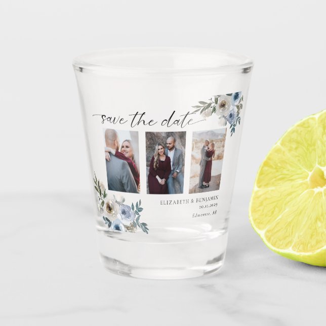 Vaso De Chupito Dusty Blue Photo Wedding Salven la fecha elegante (Anverso)