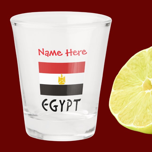 Vaso De Chupito Egipto Bandera egipcia roja personalizada (Egyptian Flag on shot glass has the word EGYPT below in black letters. Add name above in red letters)