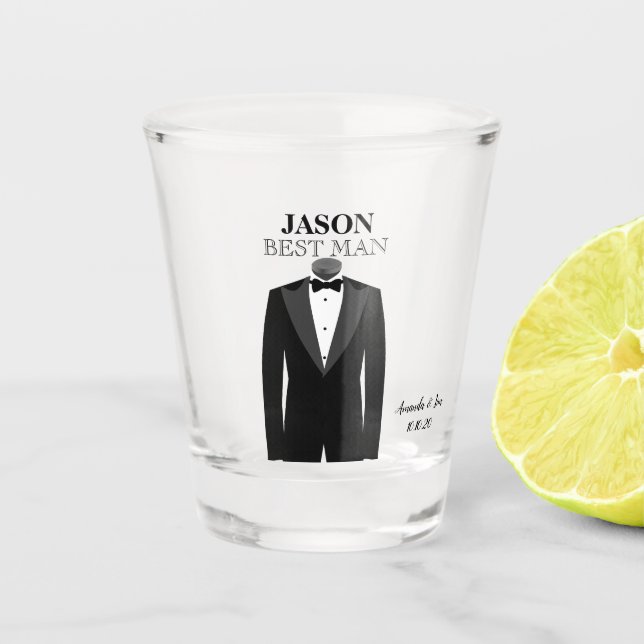 Vaso De Chupito El mejor hombre o Boda groomonés el neón negro Tux (Anverso)