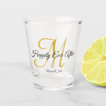 Vaso De Chupito El oro de la caligrafía se monogramó con alegría d<br><div class="desc">El oro de caligrafía se monogramó con alegría hasta la fecha después de que el Fiesta le disparara el vidrio</div>