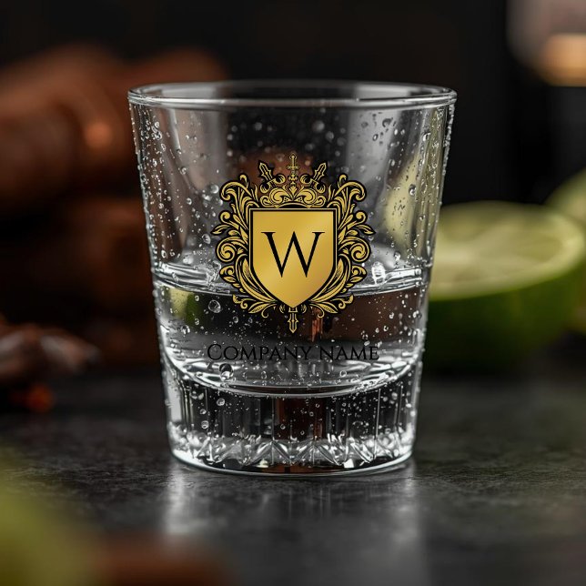 Vaso de chupito Elegant Crest (Elegant Crest Shot glass - a golden heraldic shield icon with your monogram)