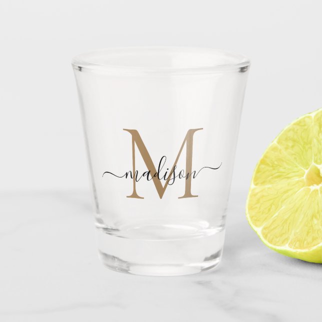 Vaso De Chupito Elegante Black Gold Monograma Script Nombre inicia (Anverso)