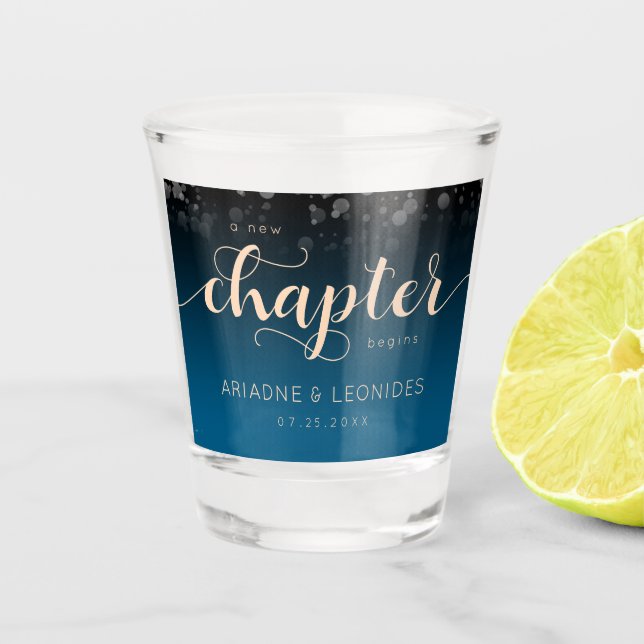 Vaso De Chupito Elegante Boda azul oceánico Peach Un Capítulo Nuev (Anverso)