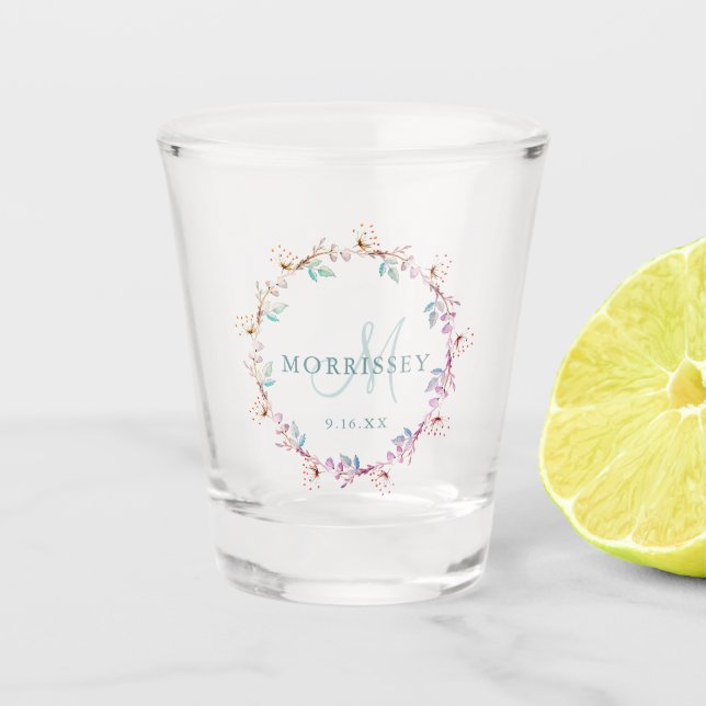 Vaso De Chupito Elegante Boda Floral Wreath Monograma Fecha (Anverso)