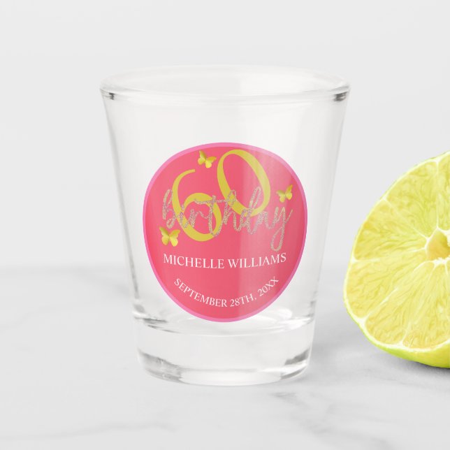 Vaso De Chupito Elegante caligrafía de mariposa dorada Purpurina (Anverso)