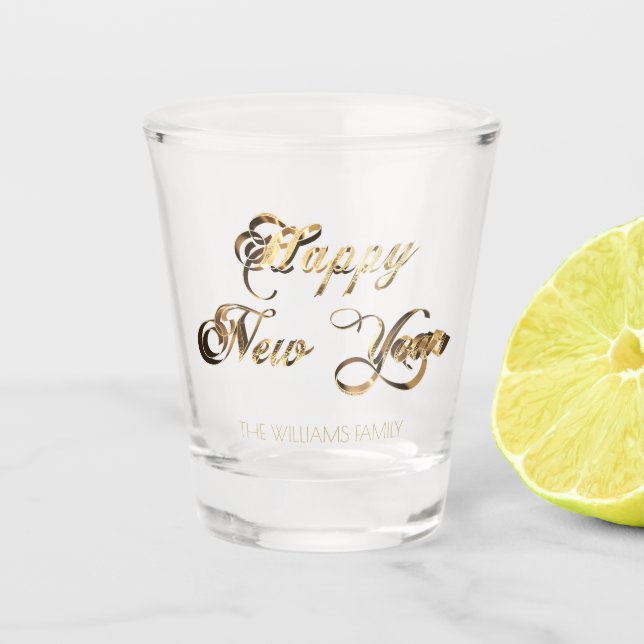 Vaso De Chupito Elegante Faux Gold Script Feliz Año Nuevo (Anverso)