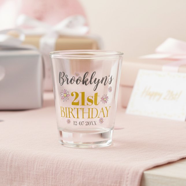 Vaso De Chupito Elegante Fiesta de Oro y Daisies 21º cumpleaños (Personalized 21st birthday shot glass. 🌼)