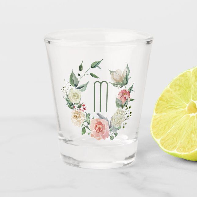 Vaso De Chupito Elegante Monograma rosa rosa de corona rosa (Anverso)