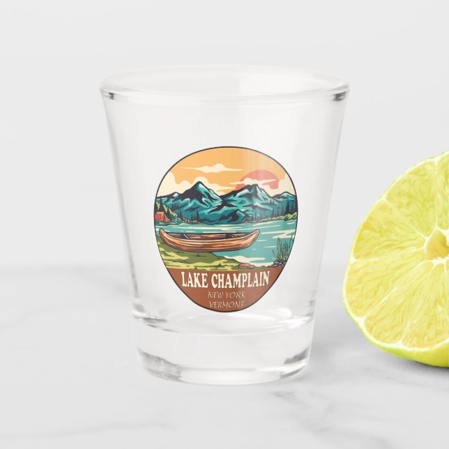 Vaso De Chupito Emblema de pesca en barco de Lake Champlain (Anverso)