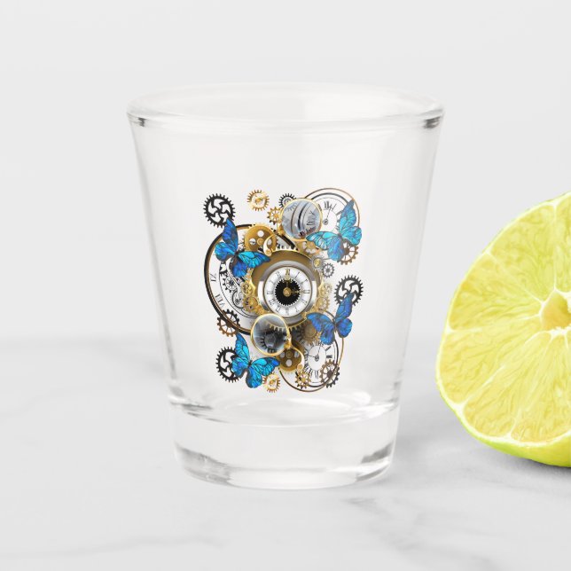 Vaso De Chupito Engranajes Steampunk y mariposas azules (Anverso)
