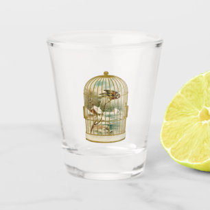 Vaso De Chupito Escena de invierno de cabaña con pájaro en jaula