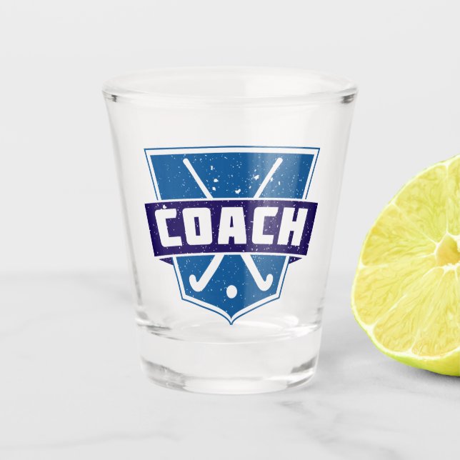Vaso De Chupito Escudo de entrenador de hockey sobre terreno, azul (Anverso)