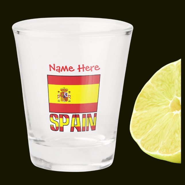Vaso De Chupito España Bandera española roja personalizada (Spanish Flag on shot glass with word SPAIN below in flag colors. Add name in red text above.)