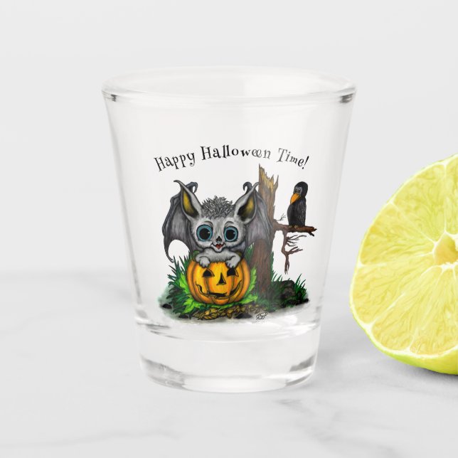 Vaso De Chupito Esperando Halloween , Cute Bat y Raven (Anverso)