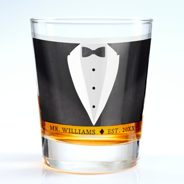 Vaso De Chupito Esposo novio marido traje negro y corbata (Black Suit & Bowtie Husband Groom Mr Shot Glass
)