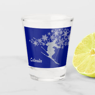Vaso De Chupito Esquiador azul de la nieve del copo de nieve de