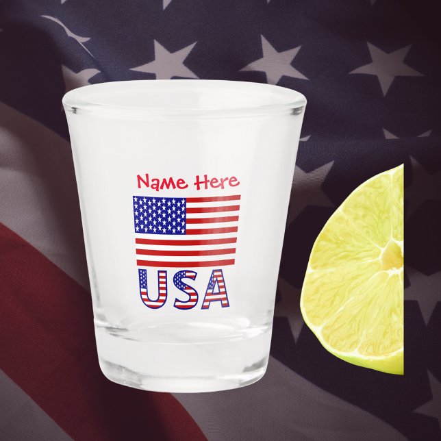 Vaso De Chupito Estados Unidos Estados Unidos Bandera Roja Persona (Personalized shot glass has United States of America flag and USA below in flag colors. Add name top)