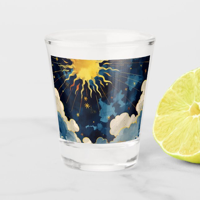 Vaso De Chupito Estrellas solares celestes modernas y nubes azules (Anverso)