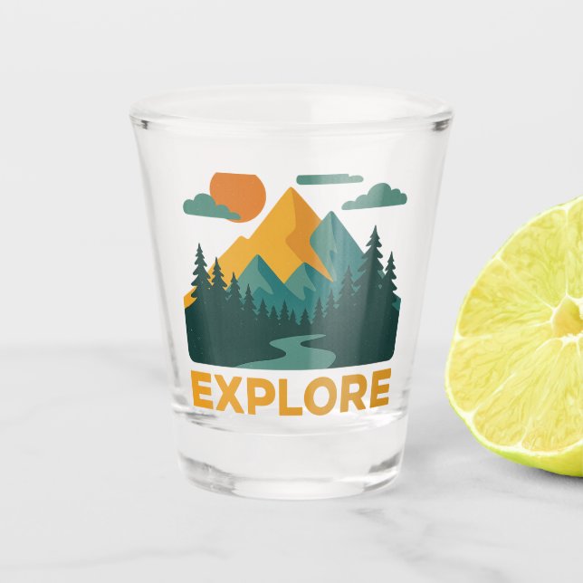 Vaso De Chupito Explorar más - Montaña Retro y Aventura Forestal (Anverso)