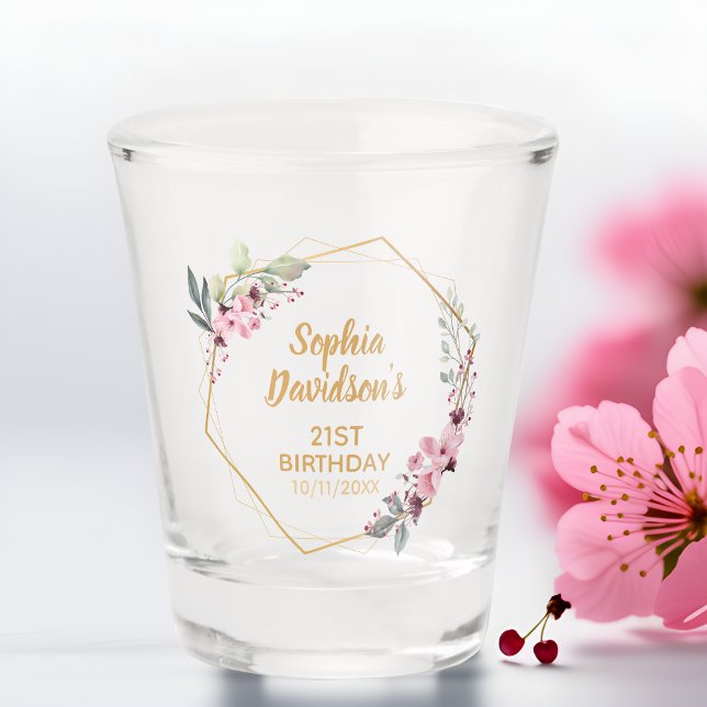 Vaso De Chupito Fancy Gold Cherry Blossom Name Date 21st Birthday (Cheers to 21st Birthday 🌸🌸🌸)