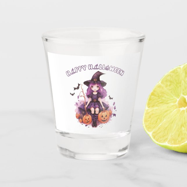 Vaso De Chupito Felices Calabazas de Brujas Moradas de Halloween (Anverso)