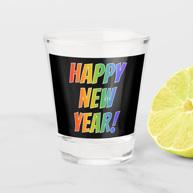 Vaso De Chupito "¡FELIZ AÑO NUEVO!" Texto del arco iris (Anverso)
