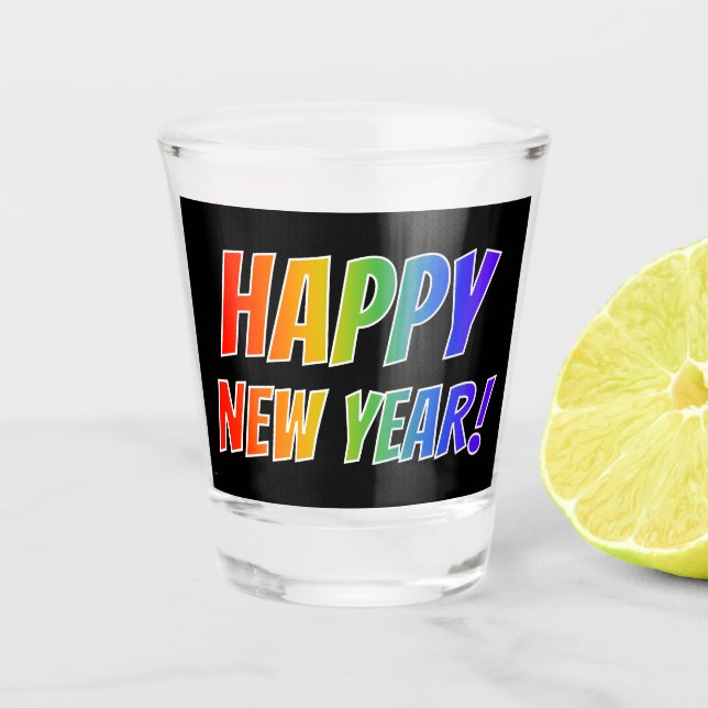 Vaso De Chupito "¡FELIZ AÑO NUEVO!" Texto del arcoiris, fondo negr (Anverso)