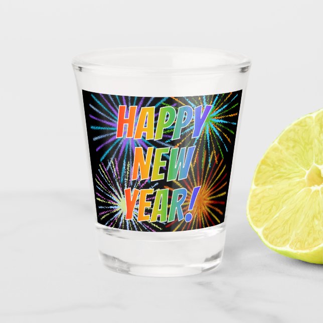 Vaso De Chupito "¡FELIZ AÑO NUEVO!" Texto del arcoiris, patrón de  (Anverso)