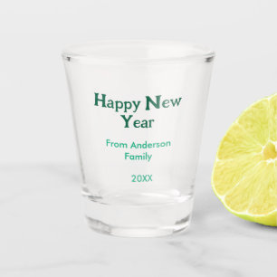 Vaso De Chupito Feliz año nuevo verde agregar nombre de familia añ