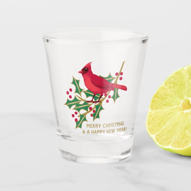 Vaso De Chupito Feliz Cardenal de Navidad y rama de Holly (Anverso)