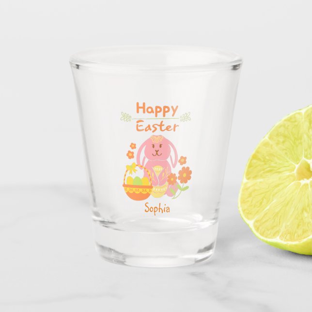 Vaso De Chupito Feliz Conejo Rosa de Pascua y Vidrio Baleado con F (Anverso)