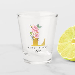 Vaso De Chupito Feliz cumpleaños Floral Monograma L Nombre persona