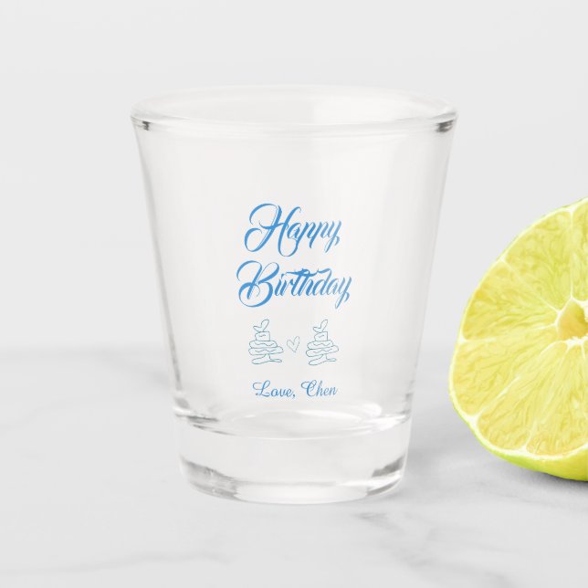 Vaso De Chupito feliz cumpleaños pastel azul corazón nombre amor  (Anverso)