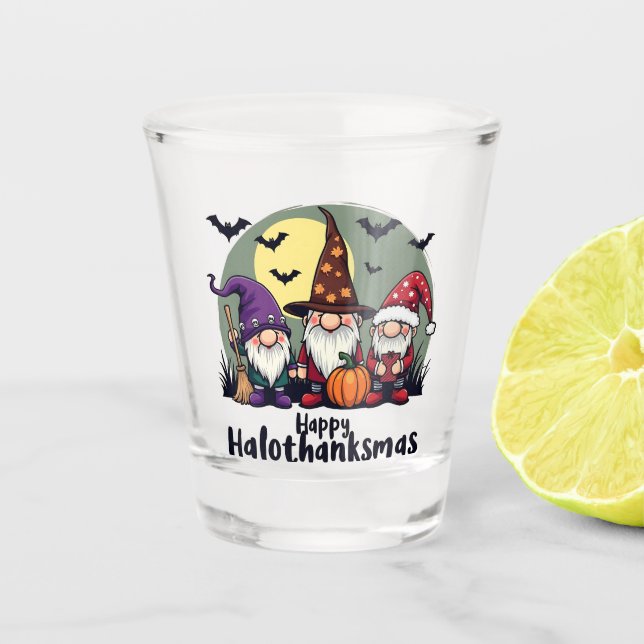 Vaso De Chupito Feliz Hallothanksmas Navidad Gnomes de Halloween (Anverso)