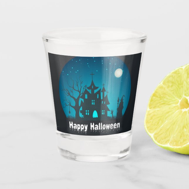 Vaso De Chupito Feliz Halloween azul y negro casa embrujada (Anverso)