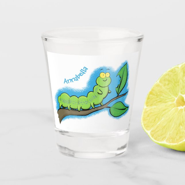 Vaso De Chupito Feliz ilustracion personalizado de oruga verde (Anverso)