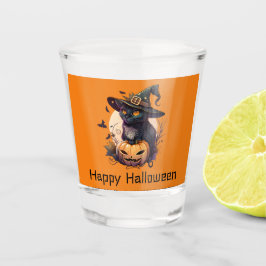 Vaso De Chupito Feliz Naranja Jack-o-Lantern de gato negro de Hall