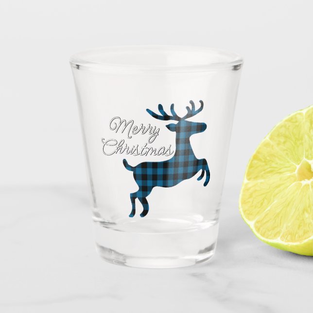 Vaso De Chupito Feliz Navidad Buck en Buffalo Check azul y negro (Anverso)