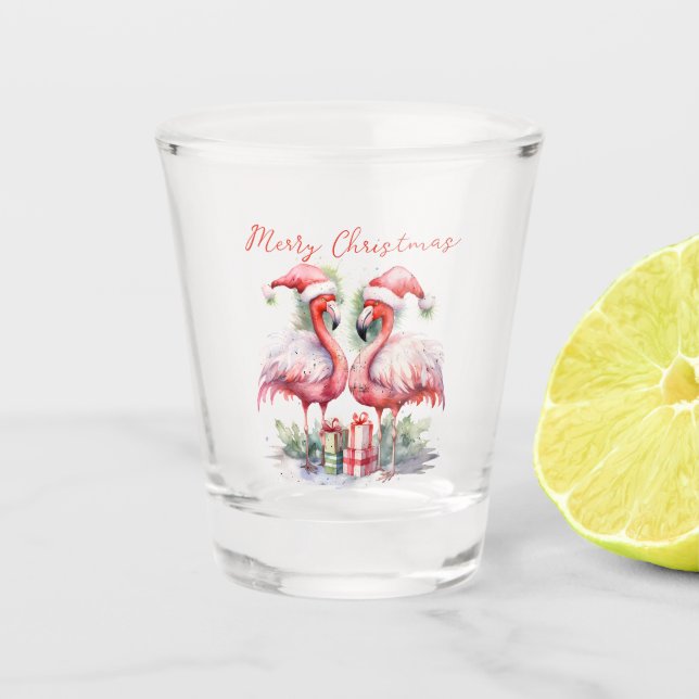Vaso De Chupito Feliz Navidad Flamingos rosas (Anverso)