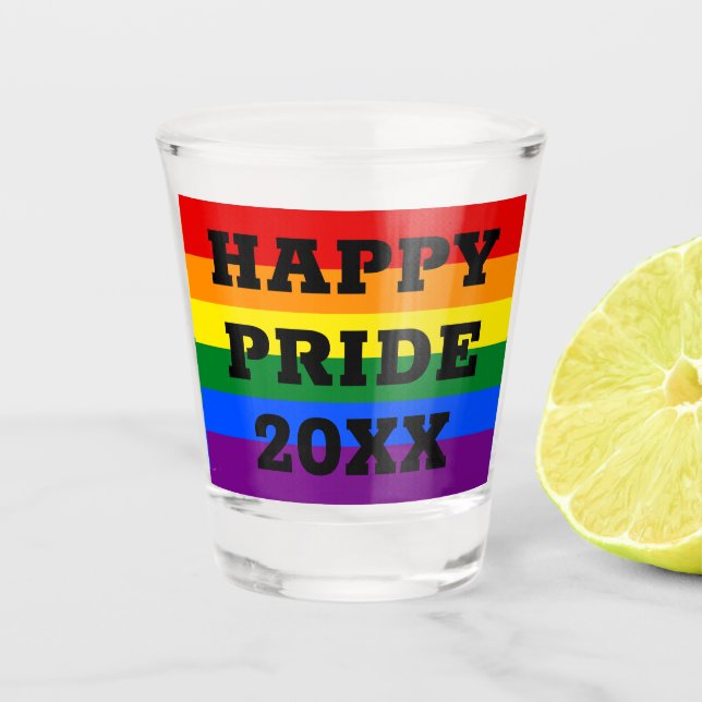 Vaso De Chupito Feliz orgullo con la bandera arcoiris gay del año  (Anverso)