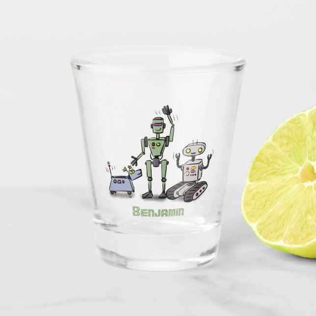 Vaso De Chupito Feliz personalizado de trío de robots lindos (Anverso)