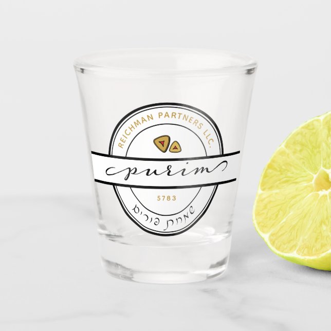 Vaso De Chupito FELIZ PURIM Script Purim Shot Glass con oro (Anverso)