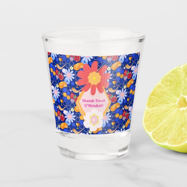 Vaso De Chupito Feliz Rosh Hashanah Patrón floral de Año Nuevo jud (Anverso)