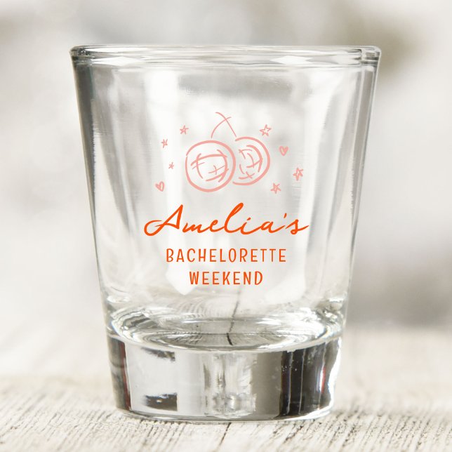 Vaso De Chupito Fiesta de despedida de soltera con boceto rosa y r (Pink and red hand drawn sketch illustrations bachelorette party shot glass.)