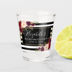 Vaso De Chupito Fiesta de Despedida de Soltera Floral Borgoña Raya