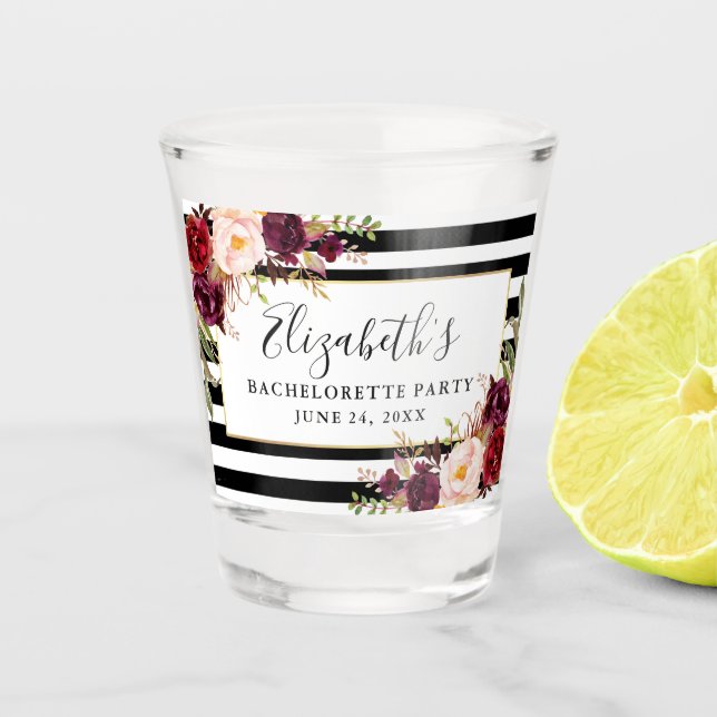 Vaso De Chupito Fiesta de Despedida de Soltera Floral Borgoña Raya (Anverso)