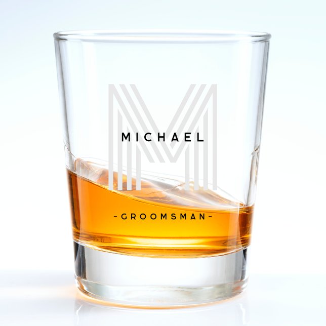 Vaso De Chupito Fiesta de Despedida de Soltero con Monograma Negro (Black Monogram Groomsman Wedding Bachelor Party Shot Glass)